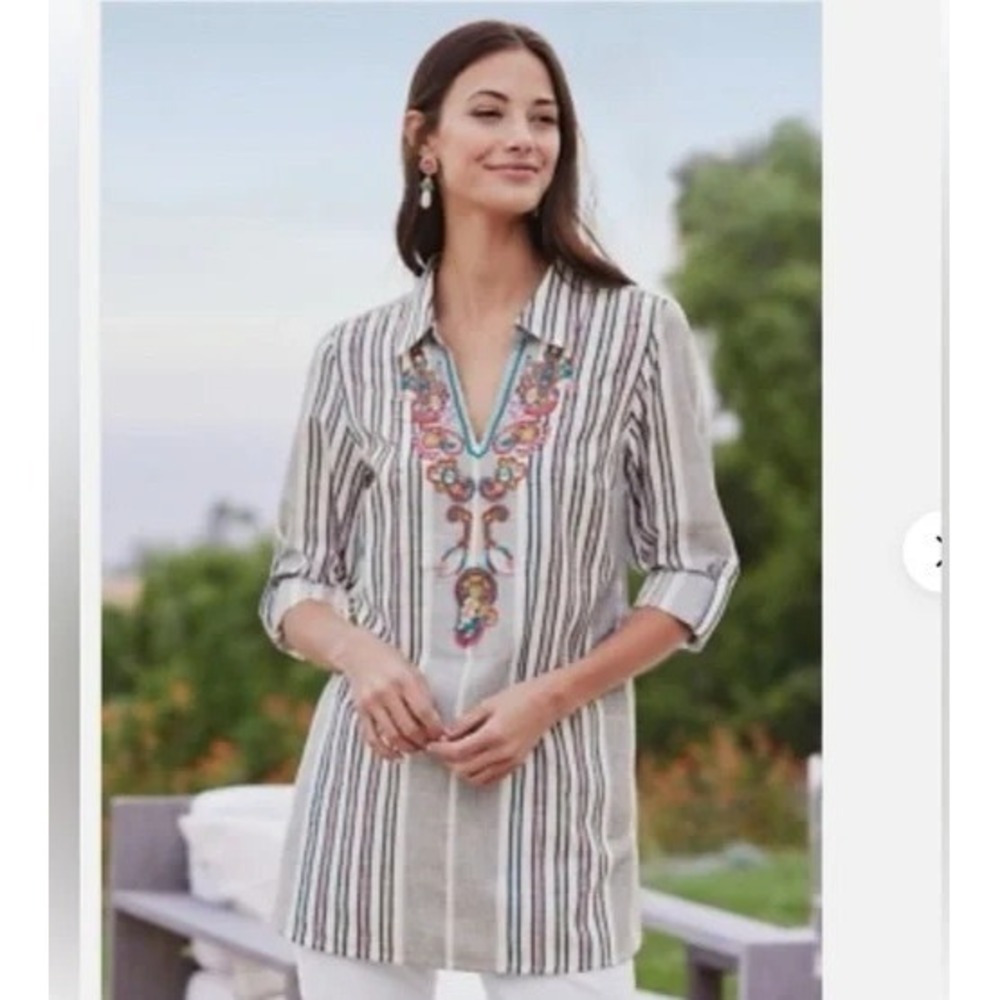 Soft Surrounding Brookhaven Tunic V Neck Floral Embroidered Striped